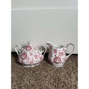 Grace Teaware Christmas Pink Bow Sugar Bowl Creamer Set Porcelain Gold Trim